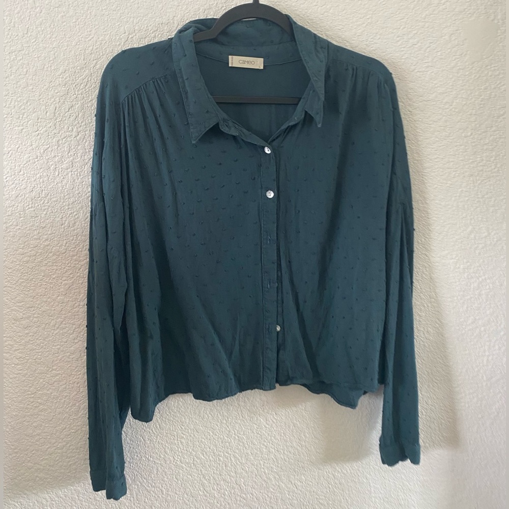 Forest Green Clip Dot Pattern Button Down Longsleeve Shirt Top Blouse - Picture 1 of 7